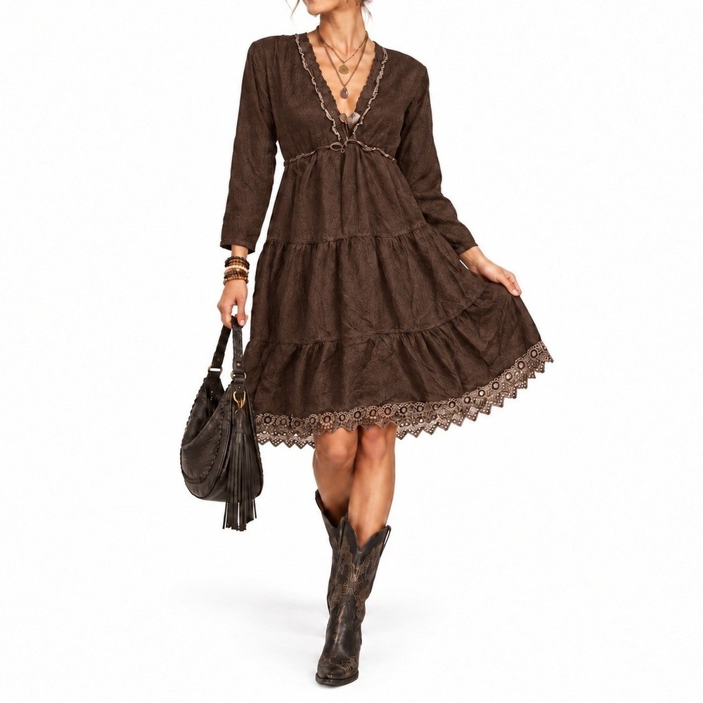 Johnny Was Dress Women XS Brown Tiered Boho Crochet Trim Embroidered 5726